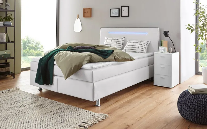 COLLECTION AB Boxspringbett LONDON inkl. Bonnell-Federkernmatratze H2, mit Topper, Kissen & LED, 90/140/180 cm x 200 cm, Schwarz|weiß, – Produktbild 6 von 8