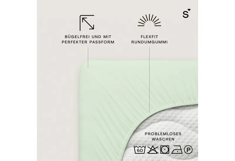 Schlafgut Schlafgut Spannbettlaken Basic Cotton Bettlaken, 160 g/m², 100% Baumwolle, Spannbetttuch, Jersey, Gummizug: rundum, (1 Stück), Spannbettlaken bis 20 cm Matratzenhöhe, bügelfrei und pflegeleicht, Grün, – Produktbild 3 von 8