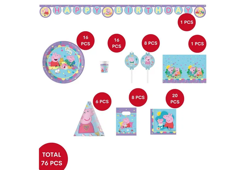 Procos Einweggeschirr-Set 76-tlg. Peppa Pig Made With Love Partyset für Kindergeburtstag, 16 Personen, Bunt, – Produktbild 2 von 5