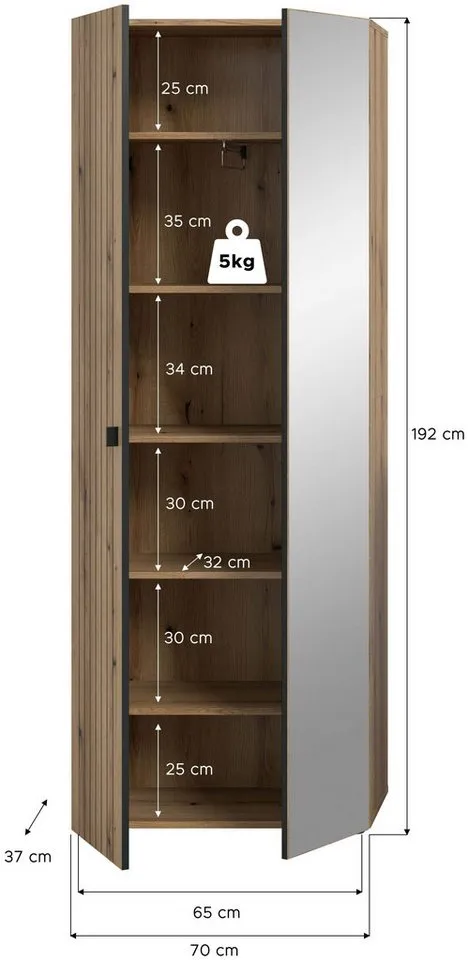 xonox.home Garderobenschrank in Evoke Oak Nachbildung B/H/T ca.: 70/192/37 cm, Braun, – Produktbild 5 von 5