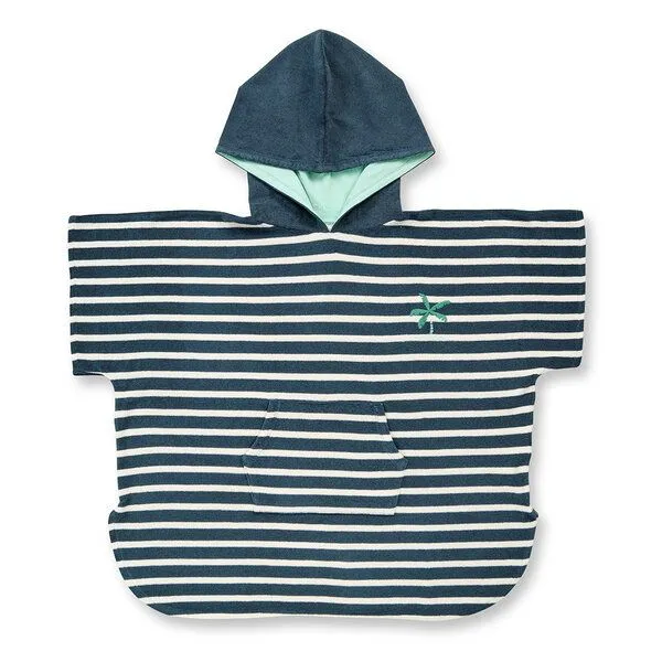 Sense Organics Sense Organics Kinder Badeponcho, Modell ALVI, Dunkles petrol-weiß geringelt mit palme, – Produktbild 1 von 3
