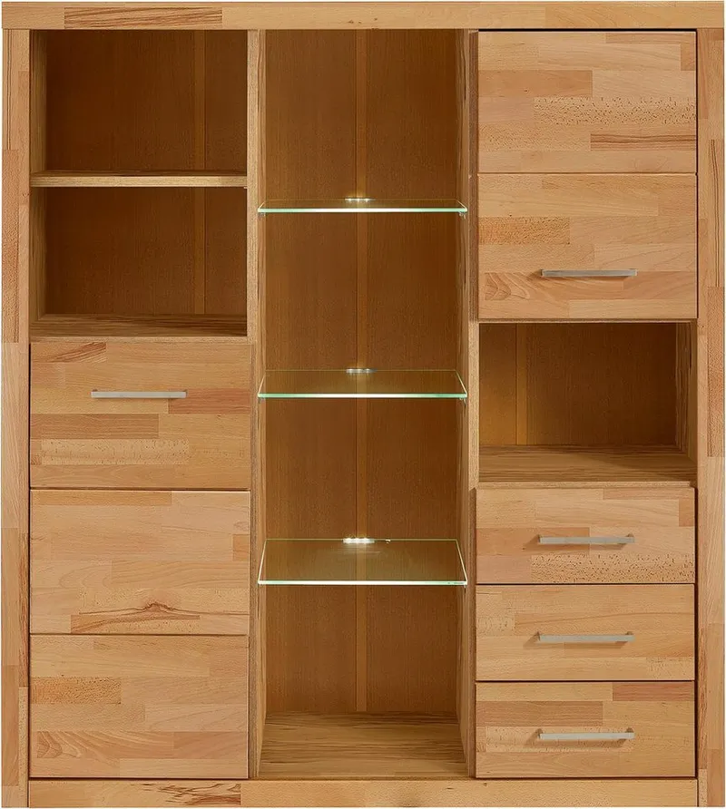 OTTO home Highboard Ribe,130cm breit145cm hoch,Fronten Massivholz,12 Fächer, Korpus aus Holzwerkstoff, Metall Griffe,Böden versetzbar, Braun, – Produktbild 1 von 4