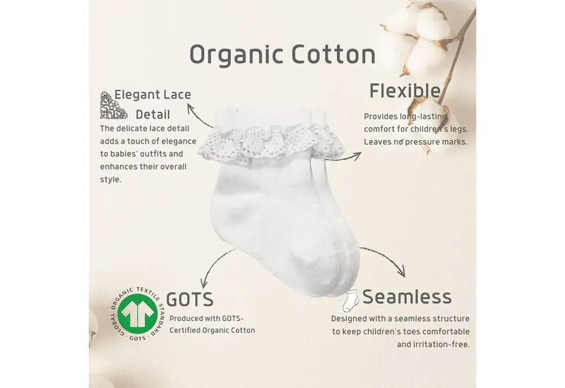 bistyle bistyle Kurzsocken Baby Socken mit Spitze, Bio-Baumwolle, Nahtlose Zehen, 4er Pack (4er Pack), Weiß, – Produktbild 1 von 5