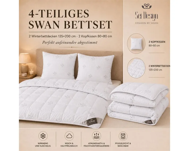 SEI Design Microfaserbettdecke Bettset SWAN 4-tlg 2x Winter-Bettdecken 135x200 + 2x Kissen 80x80, Füllung: daunenähnliches Gefühl, Bett-Set 4-Tlg.: 2x Bettdecken 135x200 + 2x Kissen 80x80, Weiß, – Produktbild 2 von 5