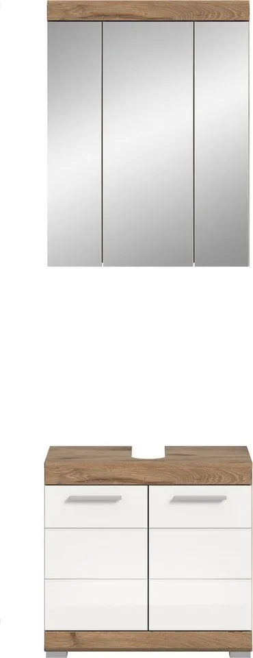 welltime Badmöbel-Set SIENA, 2 tlg., bestehend aus: Waschbeckenunterschrank, Spiegelschrank, (Set, 2-St., TOPSELLER), in verschiedenen Farben erhältlich, Badmöbel, Kombination, Badezimmer, Nox oak nachbildung/weiß hochglanz, – Produktbild 4 von 5