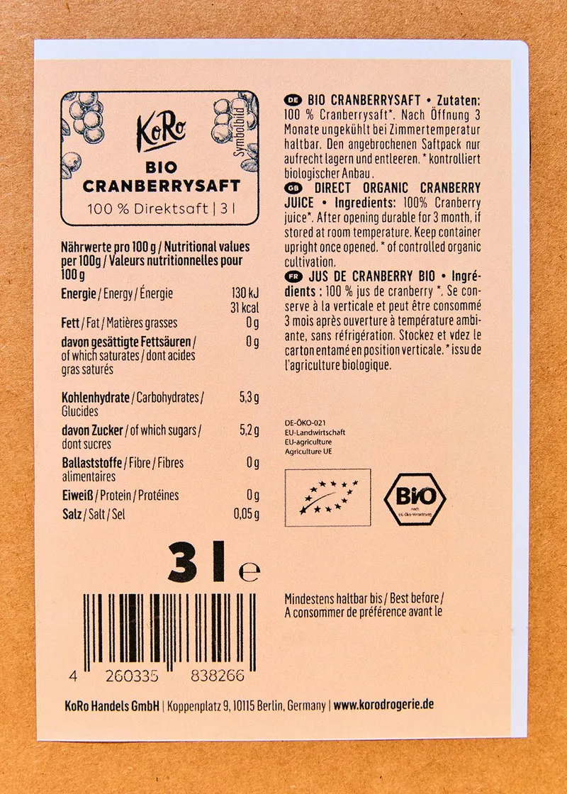KoRo Bio Cranberry Saft Bag-in-Box 3 L – Produktbild 4 von 5