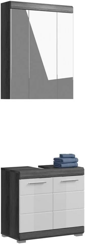 welltime Badmöbel-Set SIENA, 2 tlg., bestehend aus: Waschbeckenunterschrank, Spiegelschrank, (Set, 2-St., TOPSELLER), in verschiedenen Farben erhältlich, Badmöbel, Kombination, Badezimmer, Grau|silberfarben, – Produktbild 2 von 5