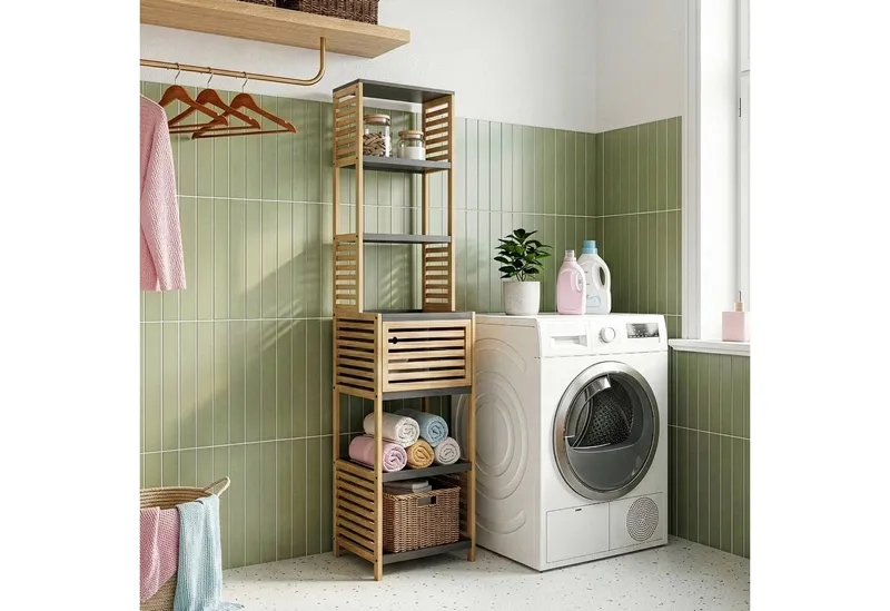 en.casa Badregal, »Kydesby« 170 x 39 x 30 cm 1 Tür 5 offene Fächer Bambus Natur/Grau, Beige|grau, – Produktbild 2 von 5