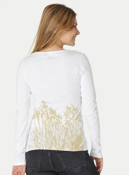 Peaces.bio - handbedruckte Biomode Peaces.bio - handbedruckte Biomode Langarmshirt Damen Mystic Iris, Weiss, – Produktbild 3 von 3