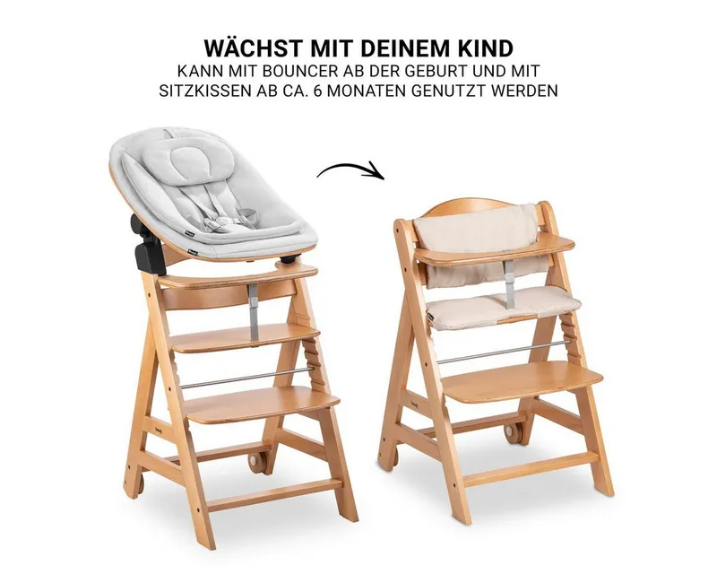 Hauck Hauck Hochstuhl Beta Plus Natural Newbornset Eco - Light Grey (Set), Holz Babystuhl ab Geburt mit Neugeborenensufsatz, Sitzkissen, Essbrett, Beige, – Produktbild 4 von 5