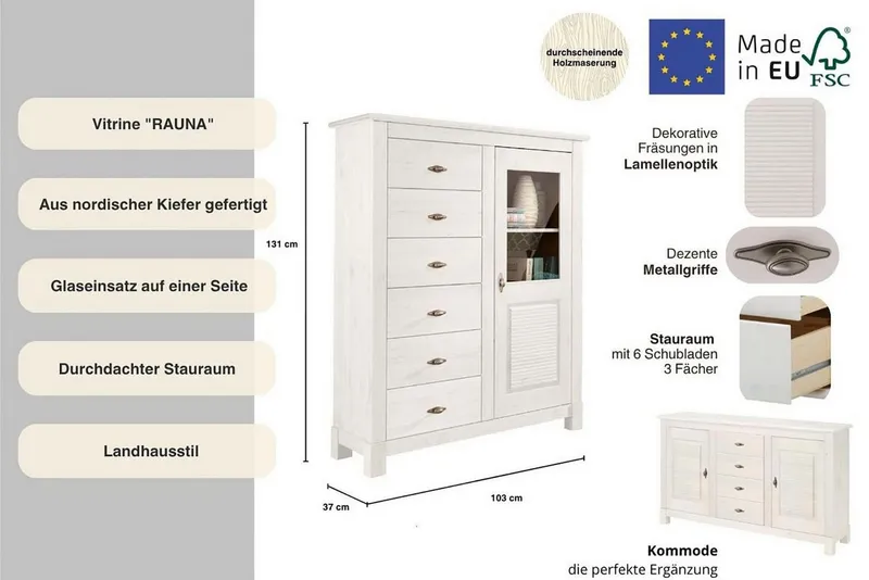 OTTO home Highboard Rauna, Vitrine, Breite 103 cm, FSC®-zertifiziertes Massivholz, Braun|weiß, – Produktbild 1 von 5
