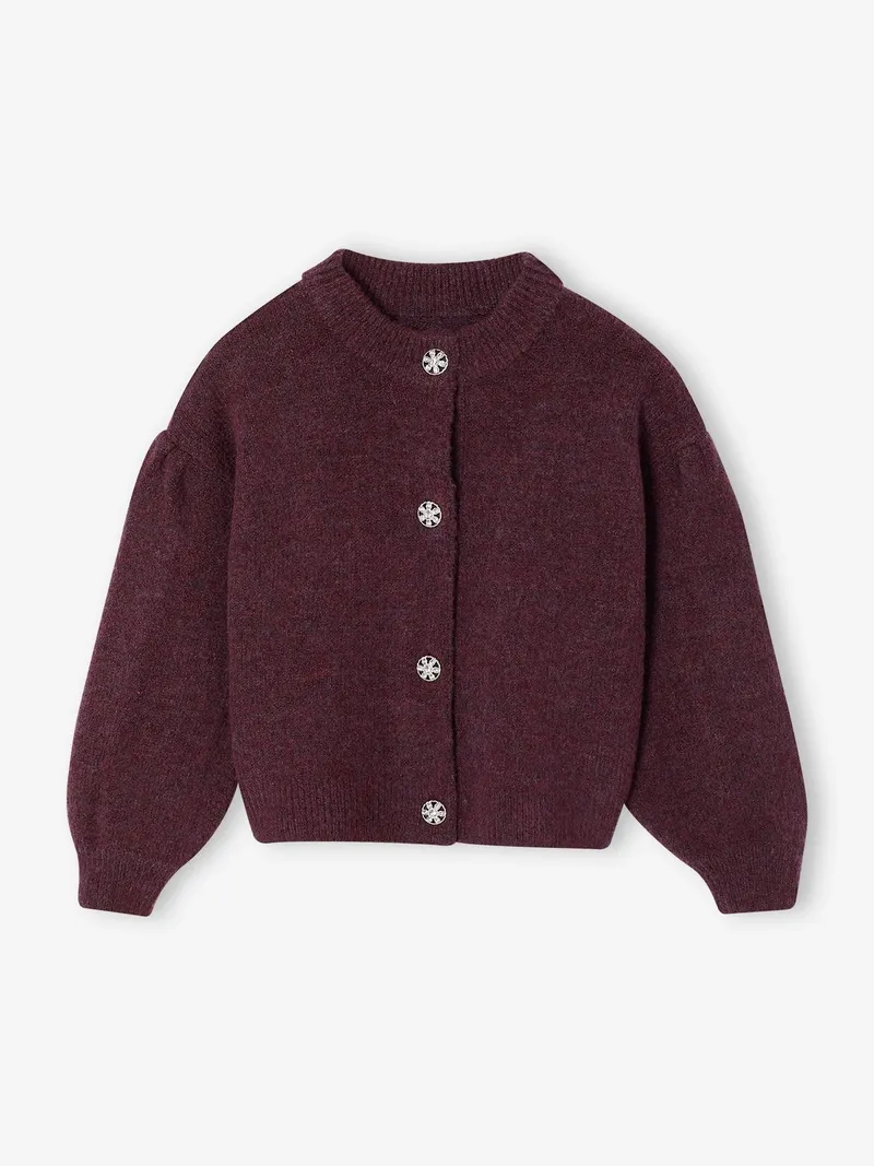 Vertbaudet Strickjacke Schmuckknöpfe Mädchen 42% Recycling-Polyester GRS-zertifiziert, Pflaume, – Produktbild 1 von 5