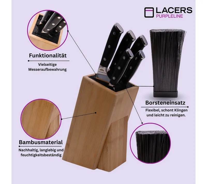 Lacers Messerblock Lacers PurpleLine Bambus mit Borsteneinsatz OHNE MESSER - Universal (1tlg), leicht zu säubern, aus Bambus, Modern, – Produktbild 3 von 5