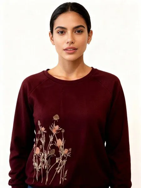 Spangeltangel Spangeltangel Pullover, "Distel" burgund, Sweatshirt, Damen, bedruckt, Bio-Baumwolle, Dunkelrot, – Produktbild 1 von 2