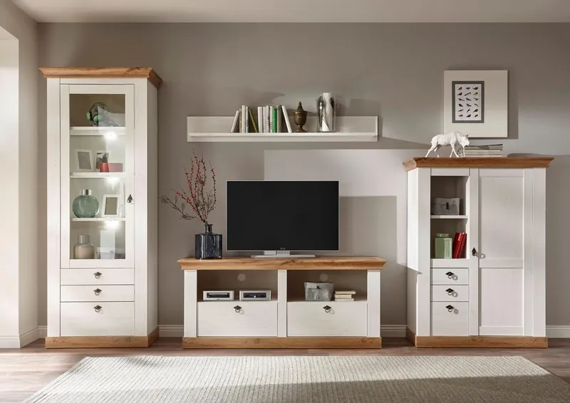 Home affaire Wohnwand Cremona, Anbauwand im Landhausstil, Komplettset, Wohnzimmer-Set, enthält Vitrine, Lowboard, Stauraumelement und Wandboard, 356 cm breit, Weiß, – Produktbild 1 von 5