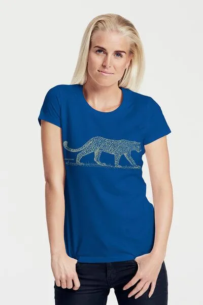 Peaces.bio - handbedruckte Biomode Peaces.bio - handbedruckte Biomode Bio-Damen-T-Shirt "Leopard", Blau, – Produktbild 1 von 1