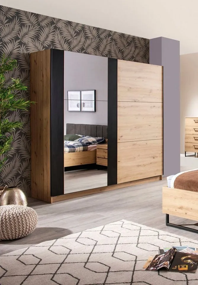 Home affaire Schwebetürenschrank Sardinia, Kleiderschrank mit Spiegel, FSC®-zertifiziert inklusive Inneneinteilung, 217x210x62,5cm, ABS Schutzkanten, Beige, – Produktbild 2 von 5