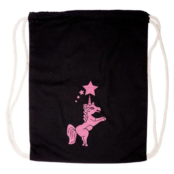 HANDGEDRUCKT HANDGEDRUCKT "Einhorn" Schul-Turnbeutel, Schwarz, – Produktbild 1 von 2