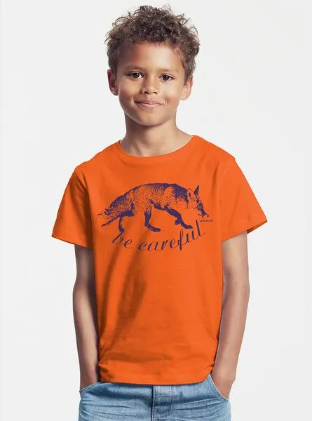 Peaces.bio - handbedruckte Biomode Peaces.bio - handbedruckte Biomode Bio-Kinder T-Shirt Be Careful, Orange, – Produktbild 3 von 3