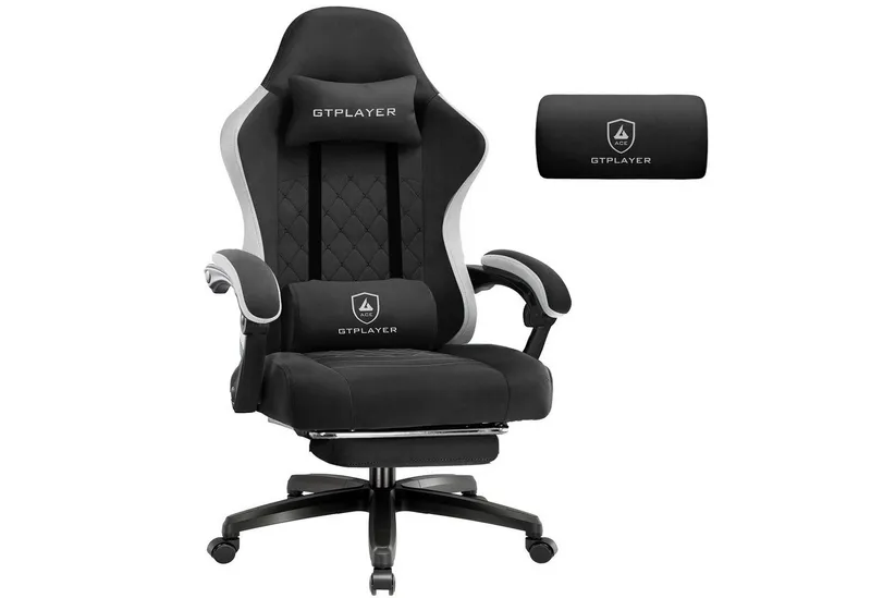 GTPLAYER Gaming-Stuhl Gaming Stuhl Stoff, Gaming Sessel mit Taschenfederkissen, Drehstuhl, Gamer Stuhl mit Fußstütze150 kg, Schwarz, – Produktbild 1 von 5