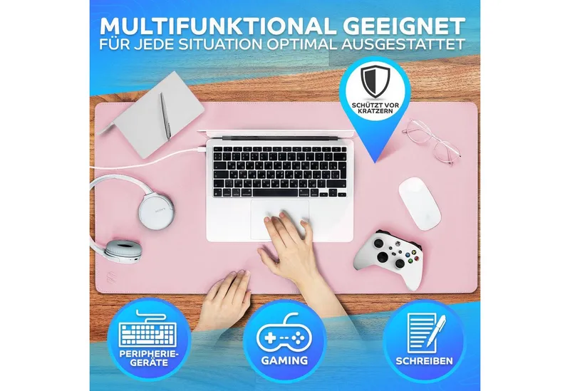 MAXLVL Gaming Mauspad Schreibtischunterlage - Mauspad mit Vernähte Kanten - abwaschbar (80x40 cm, Schreibtisch Unterlage für Büro), Tischunterlage Schreibtisch aus PU-Leder, Rosa, – Produktbild 4 von 5