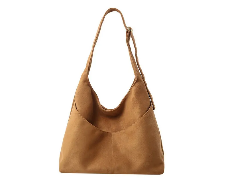 Oemmn Schultertasche große Damen Wildleder Tasche mit Reißverschluss & verstellbarem Gurt, Handtasche Damen aus weichem veganem Leder mit Fächern, Braun, – Produktbild 2 von 4