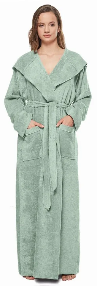 Arus Arus Damenbademantel Angel, extra lang, mit Kapuze, ideal für Zuhause & Wellness, Langform, 100% Baumwolle, Kapuze, Gürtel, mit Kapuze, extra lang, leicht, 100 % Baumwolle-Frottee, Grün, – Produktbild 4 von 5