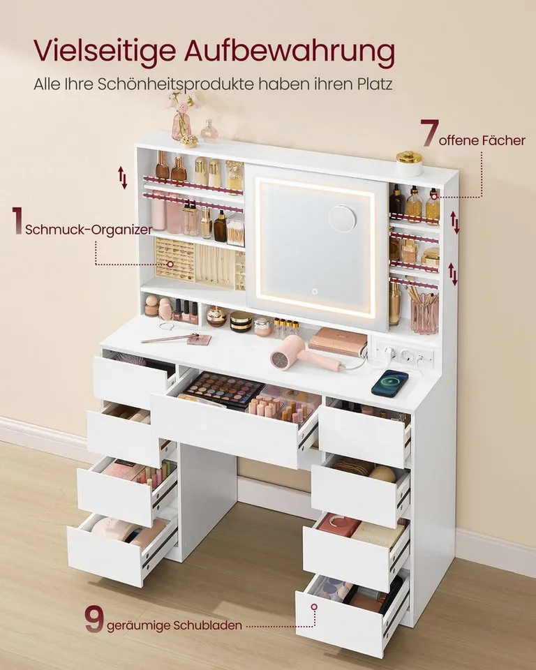 VASAGLE Schminktisch Hocker Steckdosenleiste (1 Tisch mit 1 Hocker), 10x Vergrößerungsspiegel, 3 Lichtfarben, werkzeuglose Gleitschienen, Weiß, – Produktbild 3 von 5