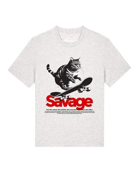 watapparel watapparel T-Shirt Unisex Savage cat, Cool heather grey, – Produktbild 1 von 3