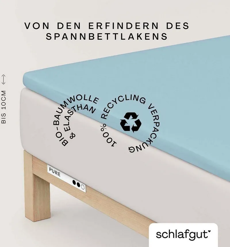 Schlafgut Schlafgut Spannbettlaken PURE TOPPER Bio-Baumwolle mit Elasthan 170 g/m² für Topper bis 10 cm, Jersey-Elasthan, Gummizug: rundum, (1 Stück), PREMIUM Laken für Matratzen bis 10 cm Höhe, dehnbar, blickdicht, Blau, – Produktbild 2 von 5