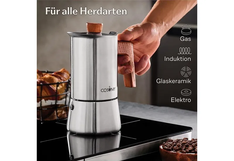 Cosumy Espressokocher, Induktionsgeeignet, FSC-zertifiziertes Eichenholz, Silberfarben, – Produktbild 4 von 5