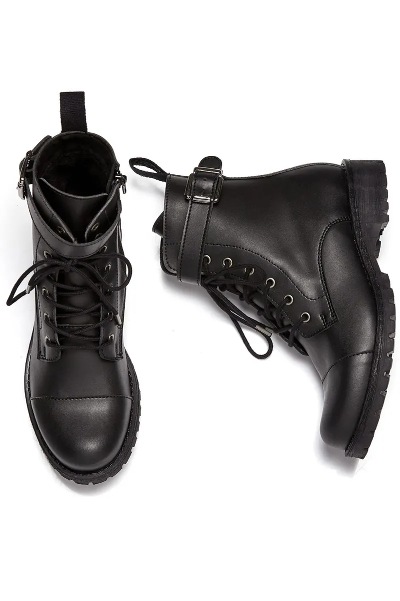 Will's Vegan Store Will's Vegan Store Damen vegan Stiefel Schnallen Work Schwarz, Schwarz, – Produktbild 1 von 2