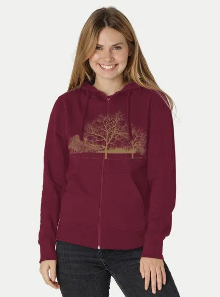 Peaces.bio - handbedruckte Biomode Peaces.bio - handbedruckte Biomode Zip-Hoodie Landscape Damen, Bordeaux, – Produktbild 2 von 2
