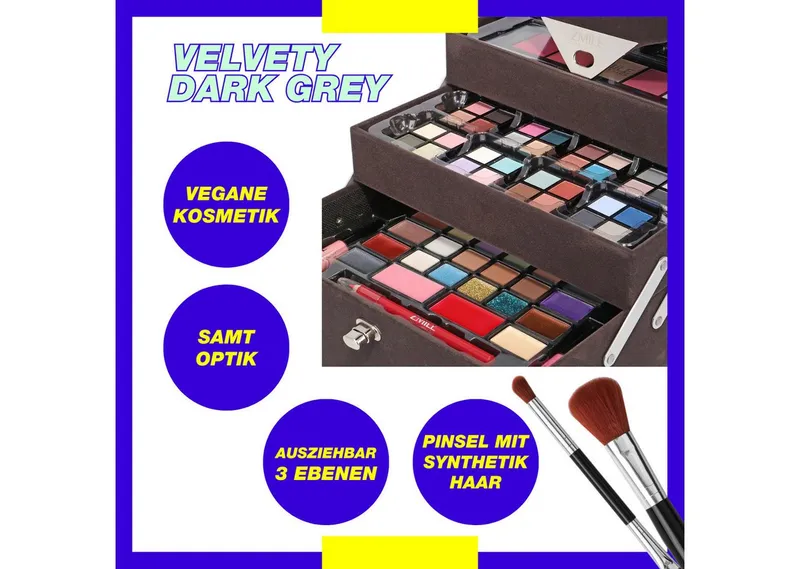 ZMILE COSMETICS Kosmetik-Koffer 'Beauty Case Velvety' (dark grey), 72-tlg., mit veganer Formulierung, Bunt|grau, – Produktbild 2 von 5