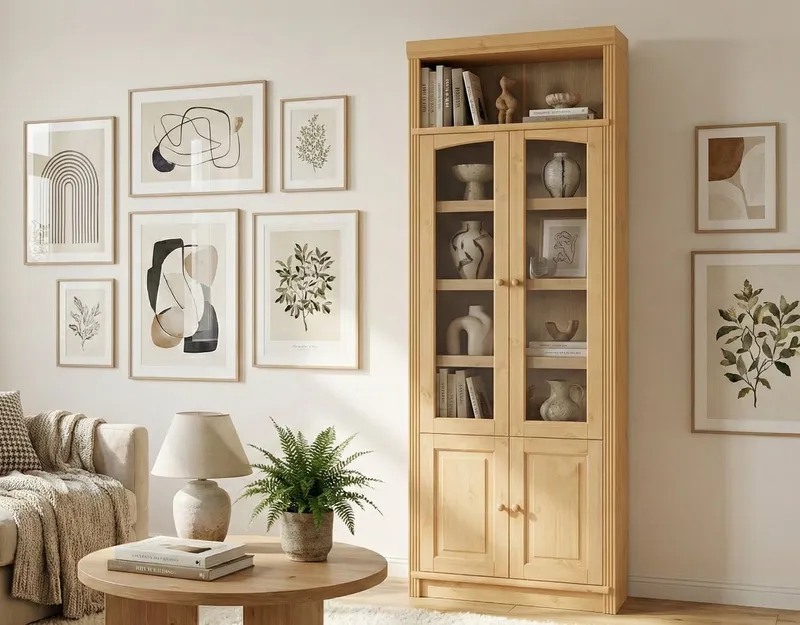 OTTO home Vitrine Soeren Regal mit 2 Glastüren und 2 Holztüren, B/TH: 80/29/220 cm Kiefer FSC®-zertifiziert, 1 offenes Fach, 6 Fächer hinter den Türen, Beige, – Produktbild 2 von 5