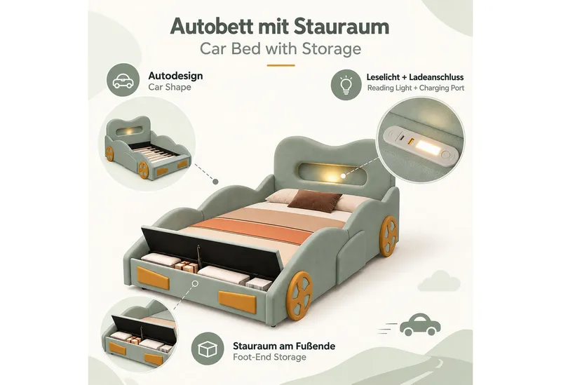 i@home Kinderbett 90 x 200cm Kinderbett Autobett Polsterbett mit Leselicht,Ladeanschluss, Bettkasten am Fußende, Autobett Bett mit Räderdesign, Flanell, Grün, – Produktbild 2 von 5