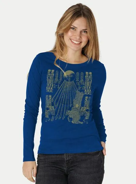 Peaces.bio - handbedruckte Biomode Peaces.bio - handbedruckte Biomode Langarmshirt Damen Sonnenscheibe Aton, Königsblau, – Produktbild 2 von 2