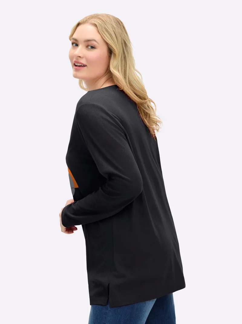 sheego Langarmshirt schwarz-silberfarben-bedruckt, Schwarz-silberfarben-bedruckt, – Produktbild 2 von 2