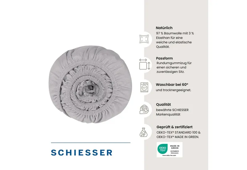 Schiesser Schiesser Spannbettlaken Elli aus weicher Baumwolle mit Elasthananteil für flexiblen Sitz, Jersey-Elasthan, Gummizug: rundum, (1 Stück), für hohe Matratzen und Boxspringbetten, OEKO-TEX® MADE IN GREEN, Grau, – Produktbild 3 von 6