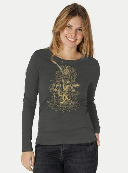 Peaces.bio - handbedruckte Biomode Peaces.bio - handbedruckte Biomode Bio-Damen-Langarmshirt Ganesha, Graphitgrau, – Produktbild 1 von 2