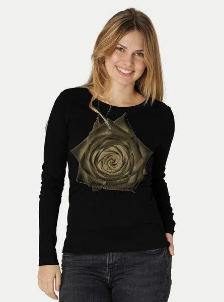 Peaces.bio - handbedruckte Biomode Peaces.bio - handbedruckte Biomode Bio-Damen-Langarmshirt Rose, Schwarz, – Produktbild 1 von 2
