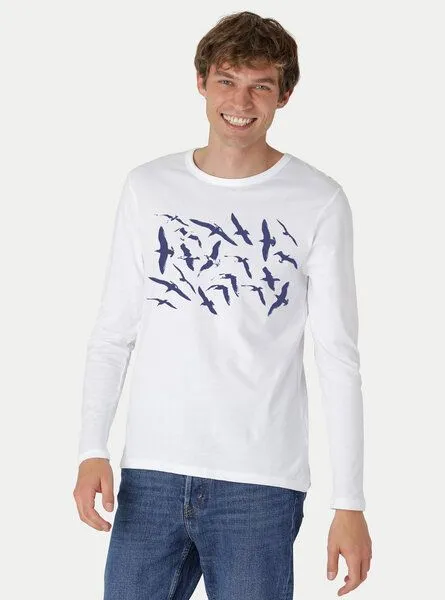 Peaces.bio - handbedruckte Biomode Peaces.bio - handbedruckte Biomode Bio-Herren-Langarmshirt Möwen, Weiß, – Produktbild 2 von 2