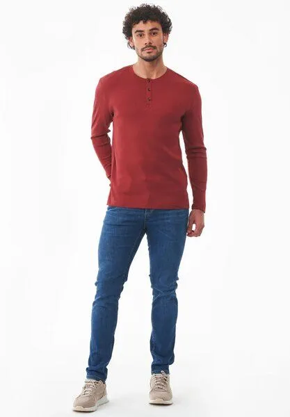 ORGANICATION ORGANICATION Geripptes Henley Langarmshirt aus Bio-Baumwolle, Merlot, – Produktbild 2 von 4