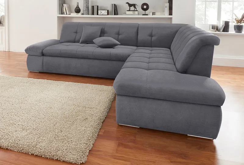 DOMO collection Ecksofa NMORIC inkl. Zierkissen 273x216x80 cm L-Form, Ottomanen-Abschluss, wahlweise mit Bettfunktion und Armlehnverstellung, Grau, – Produktbild 1 von 6