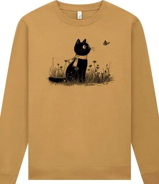 Spreecult Spreecult Katze und Schmetterling- Unisex Sweatshirt - Bio und Fair - Tiere, Gelb, – Produktbild 1 von 4