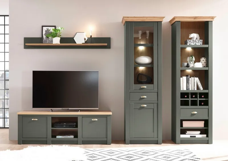 Home affaire Wohnwand Cambridge, moderne Anbauwand, Metallgriffen, Komplettset, Landhausstil, (Set, 4-St), enthält Regal, Vitrine, Lowboard und Wandboard, ohne Beleuchtung, Grün, – Produktbild 2 von 5