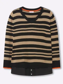 sheego V-Ausschnitt-Pullover schwarz-beige-gestreift – Produktbild 1 von 1