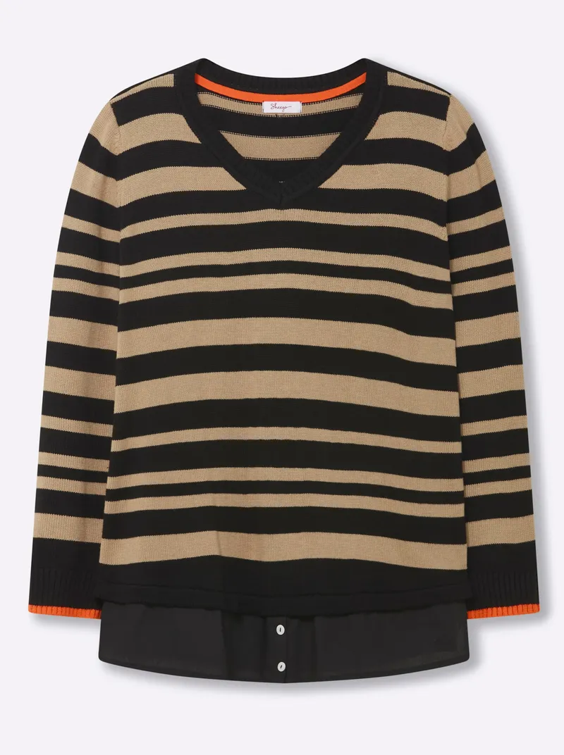 sheego V-Ausschnitt-Pullover schwarz-beige-gestreift, Schwarz-beige-gestreift, – Produktbild 1 von 2