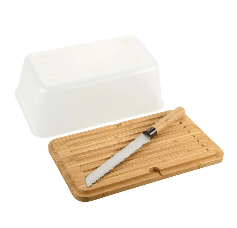 Kesper Kesper Brotkasten Brotbox, Bambus, Melamin, (Set, 3-tlg), inkl. integriertem Brotmesser, Weiß, – Produktbild 3 von 4