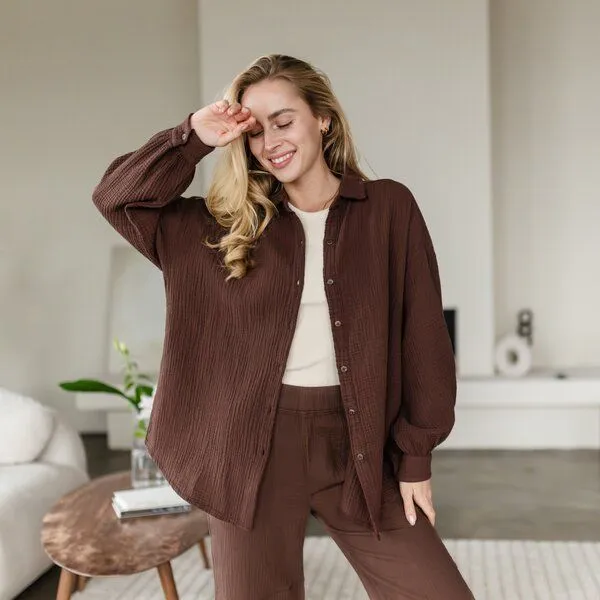 NORDLICHT NORDLICHT Oversize Musselin Bluse Falla aus 100% Bio-Baumwolle, Braun, – Produktbild 1 von 4